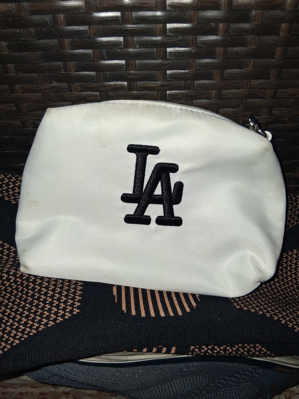 LA Logo White Cosmetic Pouch with Black Embroidery
